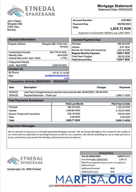 Downloadable Norway Etnedal Sparebank mortgage statement Word and PDF template